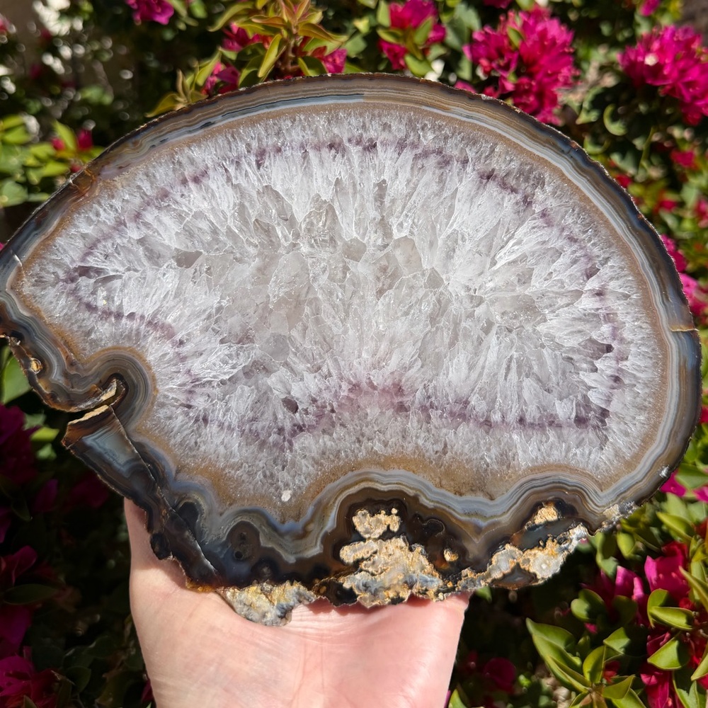 Agate Slice with Amethyst and Quartz on Stand
